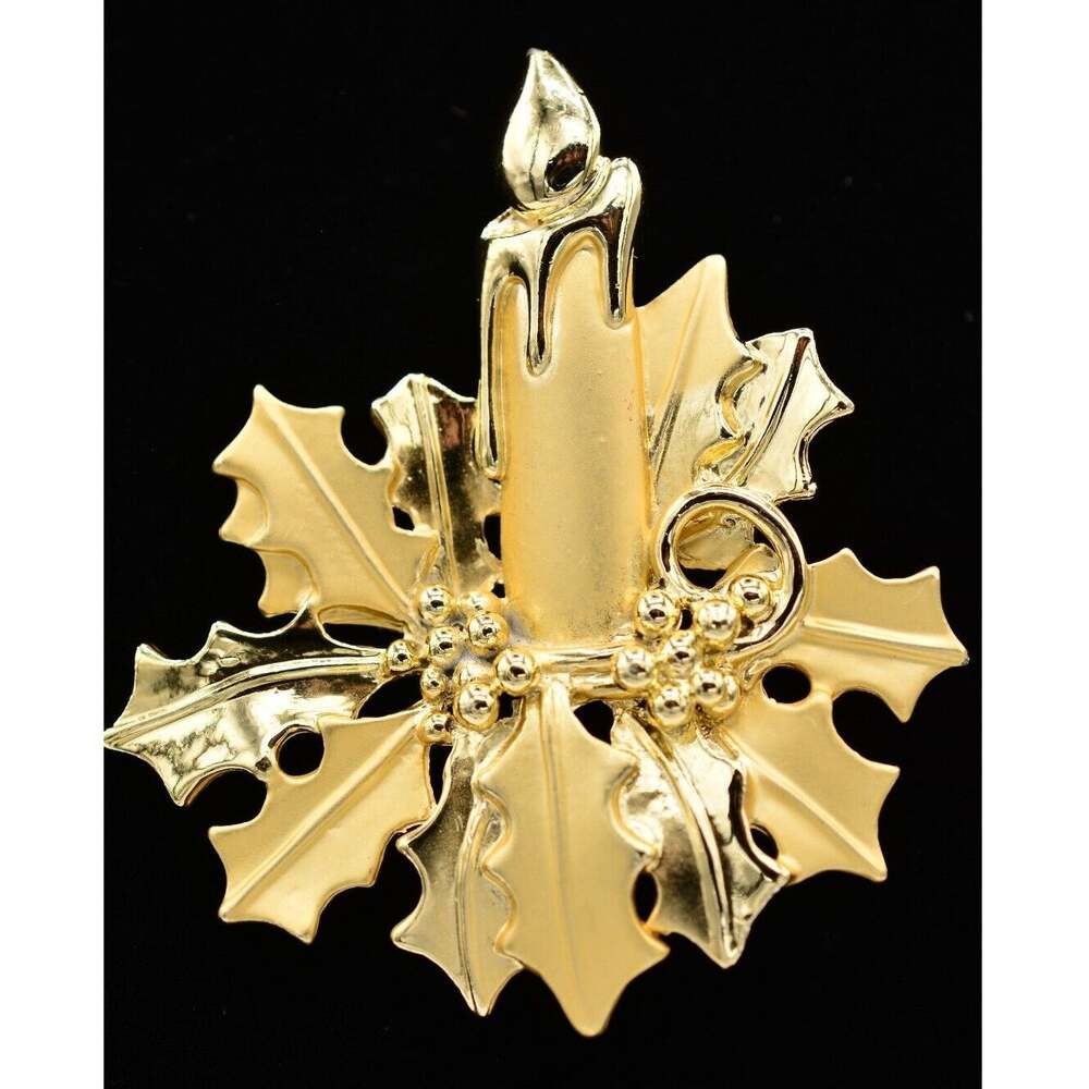 Vintage Christmas Candle Pin Brooch Brushed Gold Matte Holiday 1980s BinAL